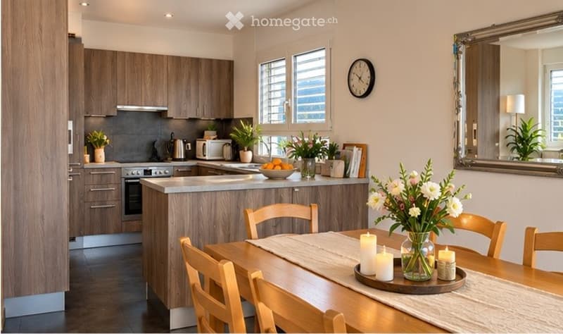 Modern kitchen with wooden cabinets, stainless steel appliances, island, dining table with chairs, vase with flowers, candles, clock, and potted plants.