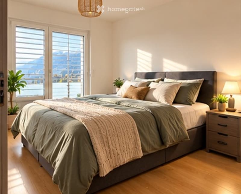 Modern bedroom with a large bed, nightstand, lamp, and potted plants. Large windows offer a scenic view of mountains and water.