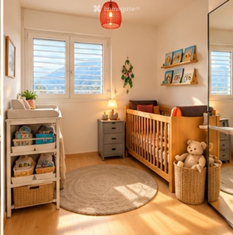 Bright, modern nursery with a wooden crib, changing table, nightstand, and decorative elements like a wicker basket and framed pictures. Natural light streams in from large windows offering a scenic view.