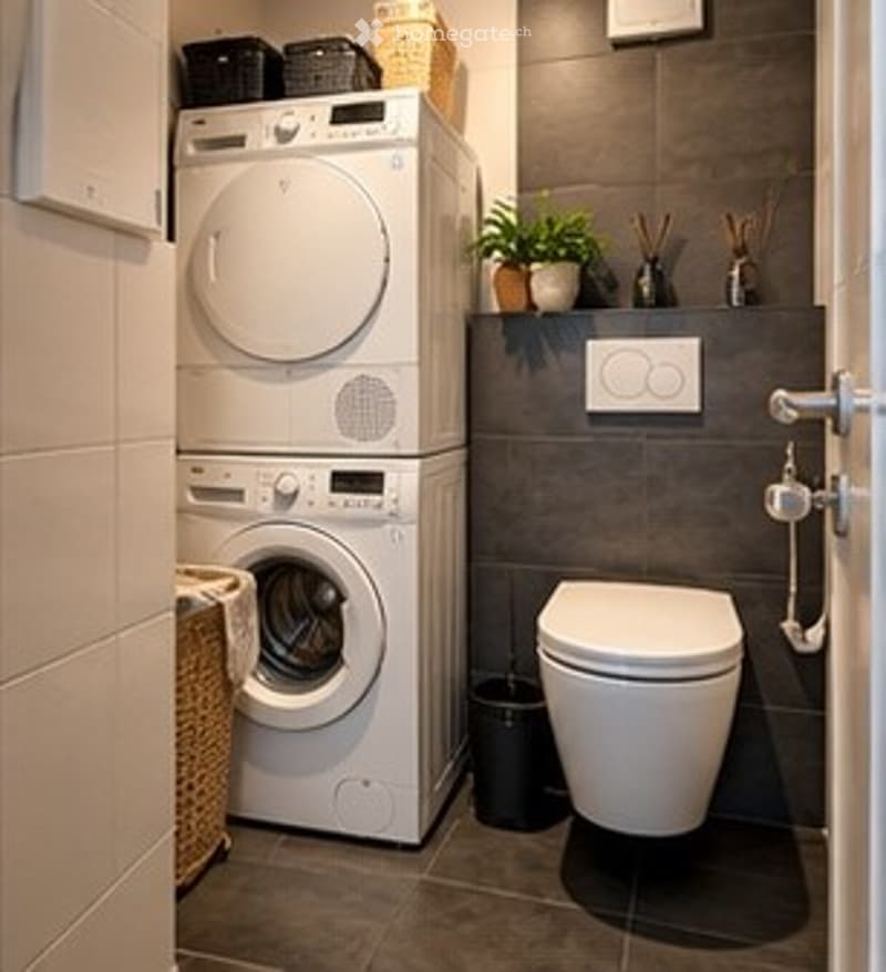 Bathroom with a white toilet, a washing machine, and a dryer stacked vertically, along with a small shelf holding a plant and other items.