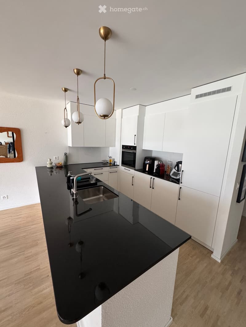 Modern kitchen with white cabinets, black countertop, stainless steel sink, and pendant lights.