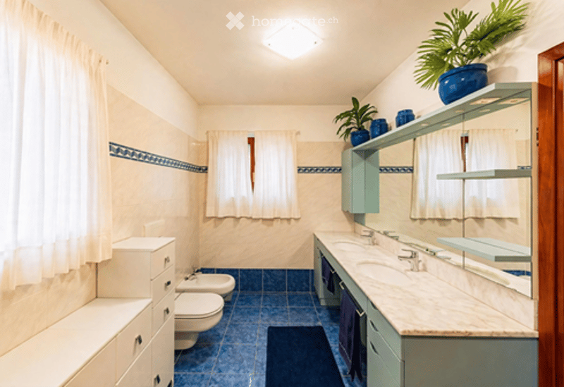 Bright bathroom with blue tiles, white cabinets, a sink, a toilet, and a potted plant on the windowsill.