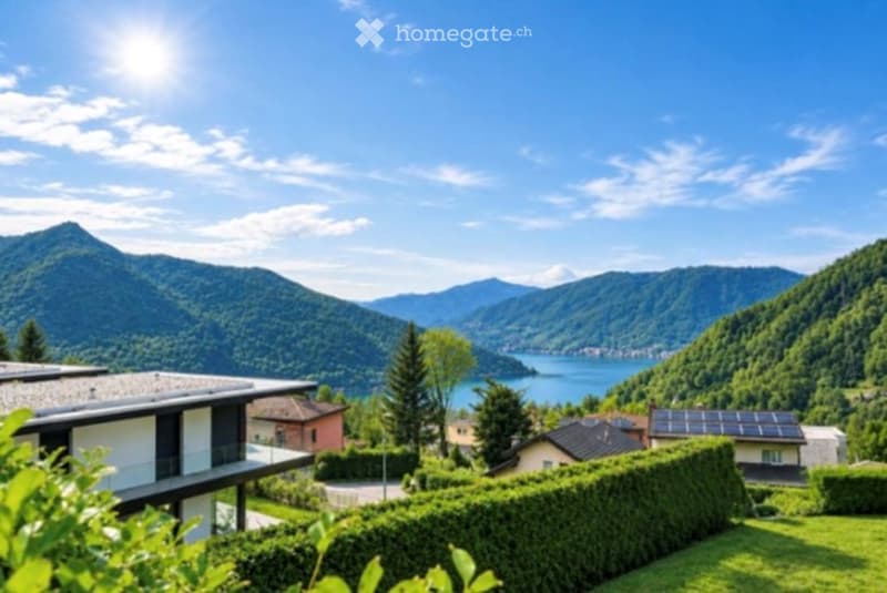 A scenic outdoor view of a house with a balcony overlooking a lake and surrounding mountains, with lush greenery and solar panels on nearby roofs.