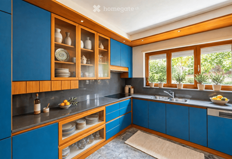 Modern kitchen with blue cabinets, wooden accents, and stainless steel appliances. Features a central island with a sink, a wine bottle, and a bowl of fruit. Glass-fronted cabinets display plates, vases, and other decorative items.
