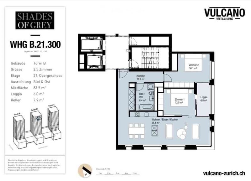 Floor plan of a 3.5-room apartment on the 21st floor, featuring a living/dining/kitchen area, two bedrooms, a bathroom, a hallway, and a balcony.