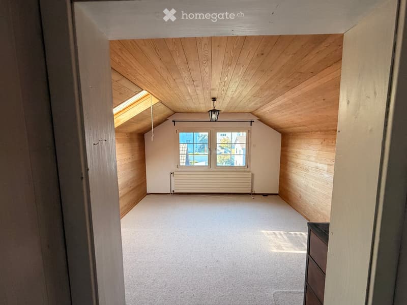 Empty attic room with wooden walls and ceiling, skylight window, radiator, and a small black cabinet visible on the right side.