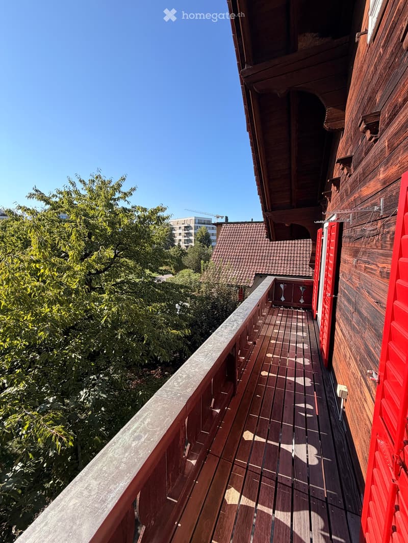 Wooden balcony with red shutters, overlooking a tree-lined area and modern buildings.