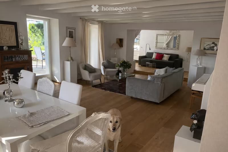 Spacious living and dining area with wooden flooring, white dining table with chairs, grey sofa, armchairs, coffee table, lamps, and a fireplace.
