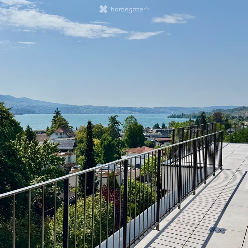 Balcony with metal railing, overlooking a scenic lake and distant mountains.