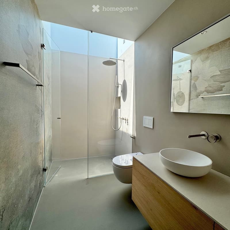 Modern bathroom with a glass-enclosed shower, a sleek sink, and a toilet. Features a large mirror and a modern faucet.