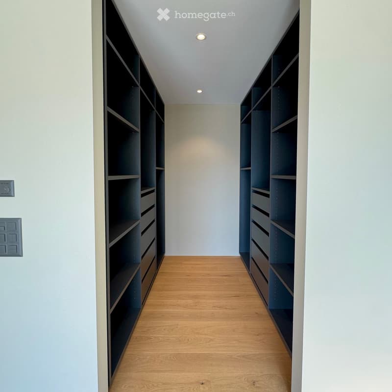 Empty room with light wooden flooring, white walls, and built-in dark shelving units on both sides.
