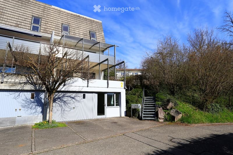 Two-story house with a garage, balcony, and modern design. The building features a combination of wood and concrete materials, with a small tree and greenery in the foreground.