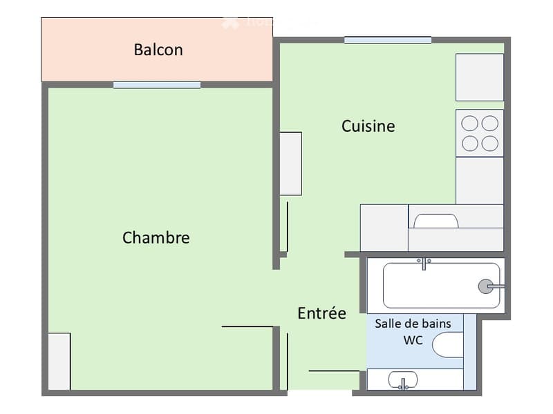 Floor plan of a small apartment with a bedroom, kitchen, bathroom, and balcony.