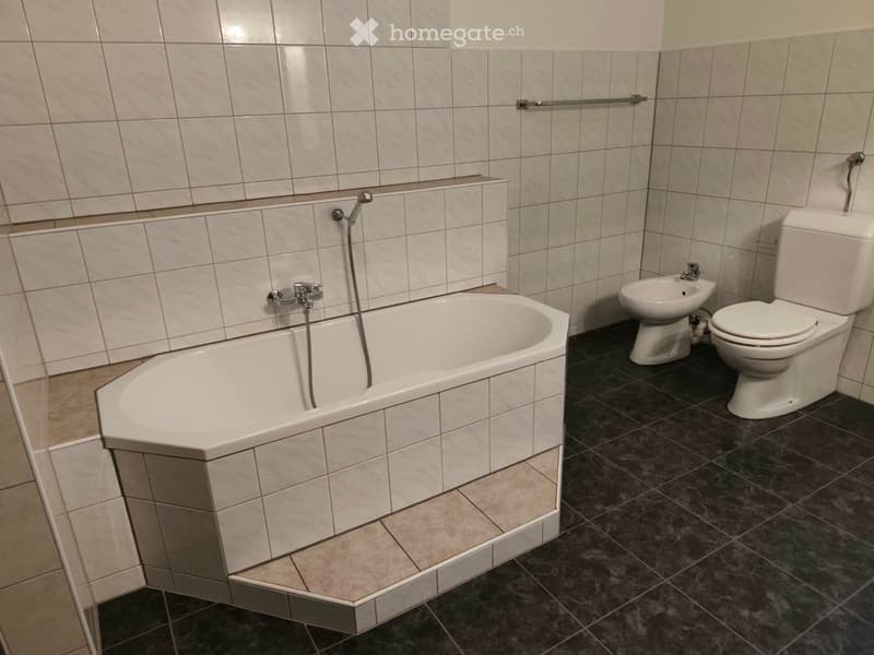 Bathroom with a white bathtub, toilet, and bidet, tiled walls and dark tiled floor.