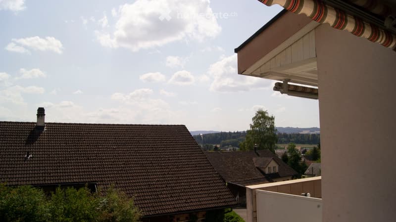 View from a balcony showing neighboring houses with tiled roofs, chimneys, and a scenic landscape with trees and distant hills.