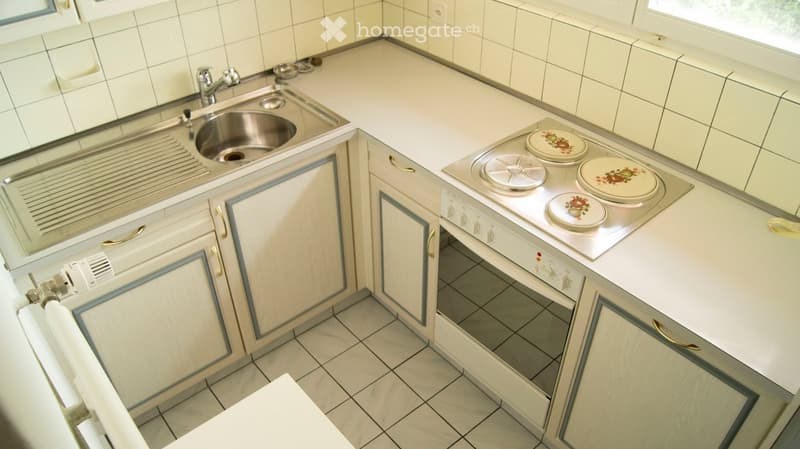 Compact kitchen with white cabinets, stainless steel sink, electric stove, and decorative plates on the counter.
