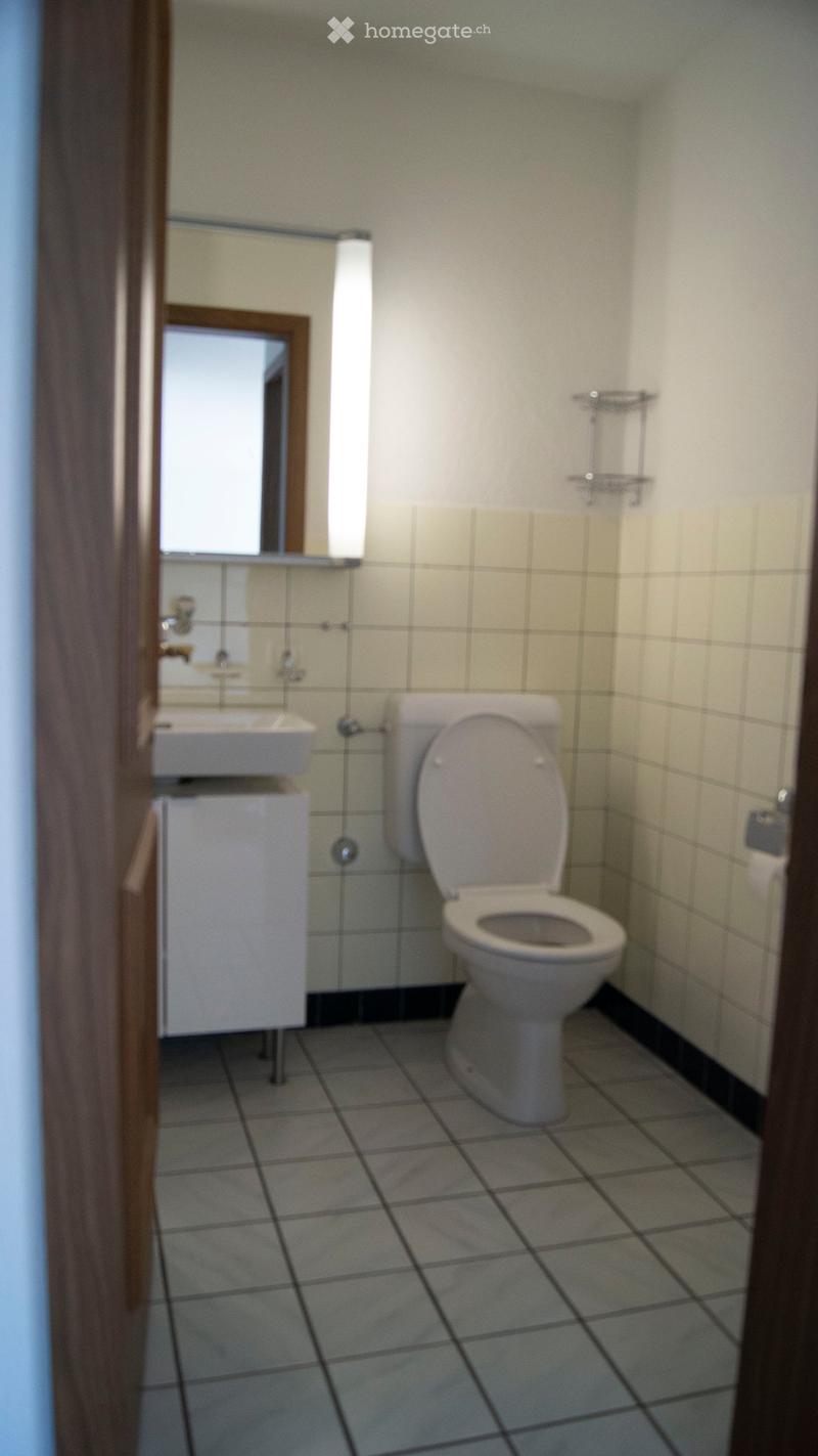 Small bathroom with tiled walls and floor, featuring a toilet, sink, mirror, and cabinet.