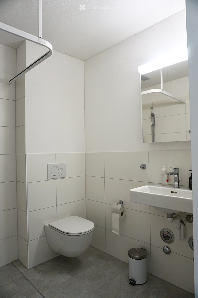 Modern bathroom with white tiles, a toilet, a sink with a mirror, and a small trash can.
