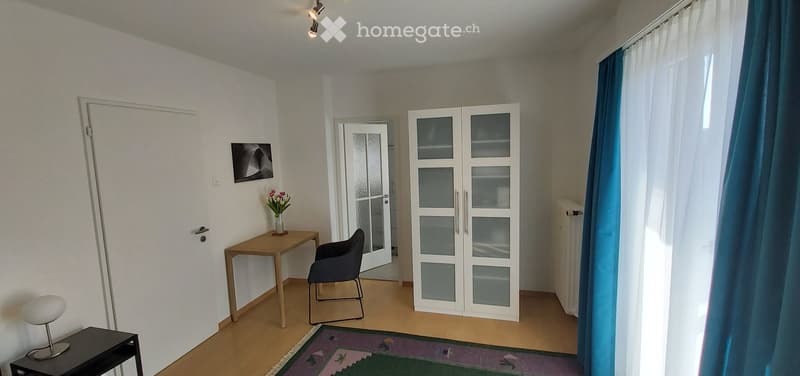 A small, well-lit room with light wooden flooring, a white wall, a small table with a vase of flowers, a modern chair, a cabinet with glass doors, a small black stool, and a colorful rug.