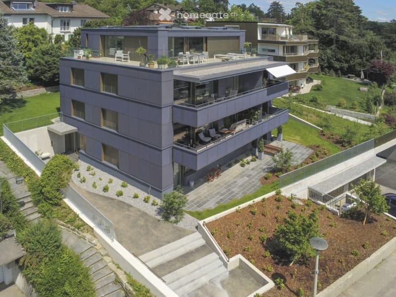 Modern two-story house with grey exterior, large windows, balconies, and surrounding greenery.