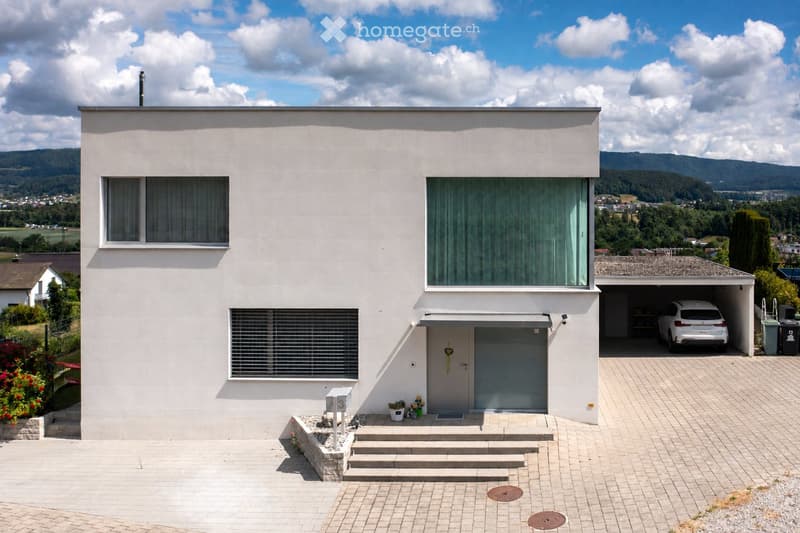 Modern single-story house with white exterior, large windows, garage, and steps leading to the entrance.