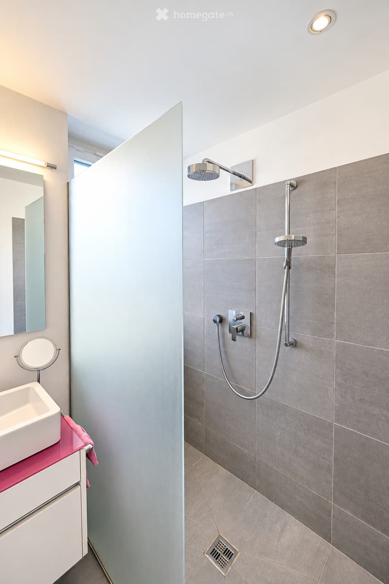 Modern bathroom with a glass-enclosed shower, grey tiled walls, a white sink, and a mirror. Features a built-in storage cabinet and a towel on the counter.