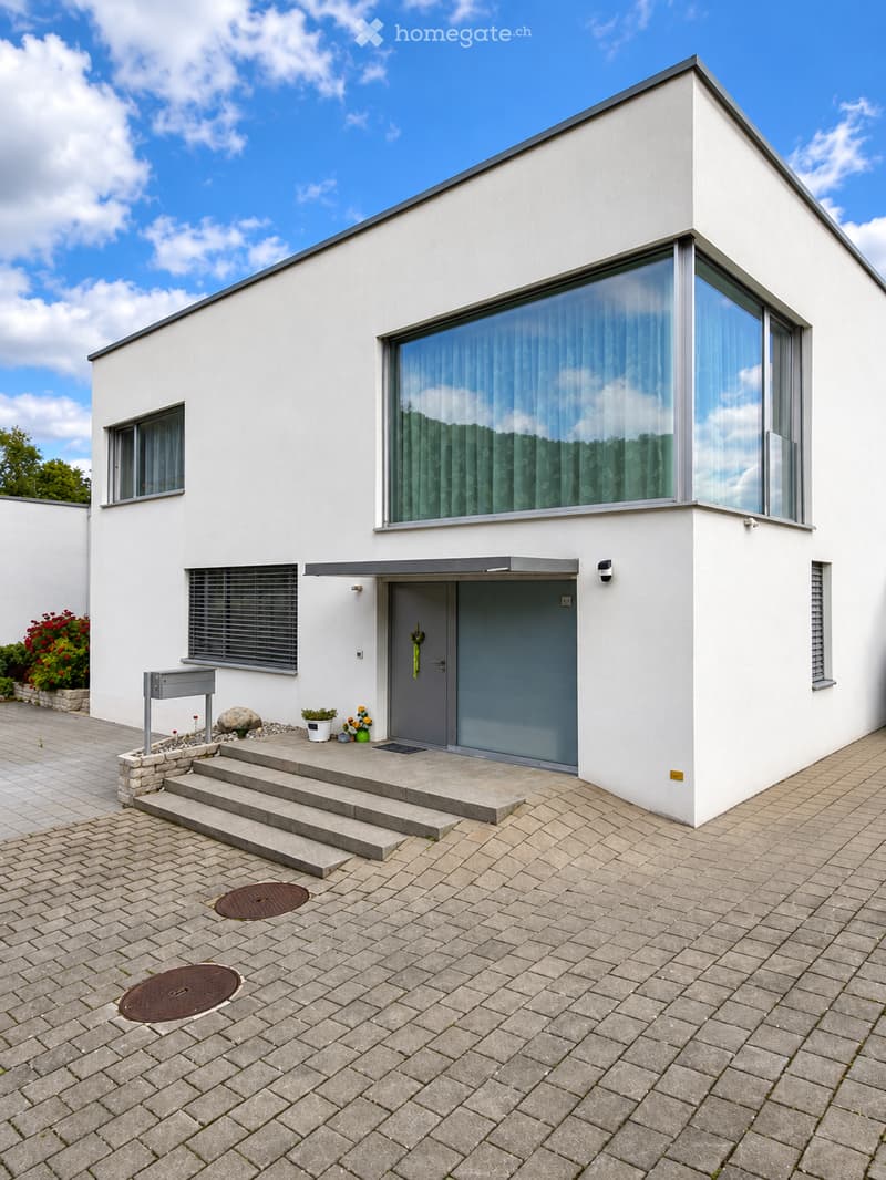 Modern single-story house with white exterior, large windows, and a flat roof. Features a gray front door, stone steps, and a small garden area with potted plants.
