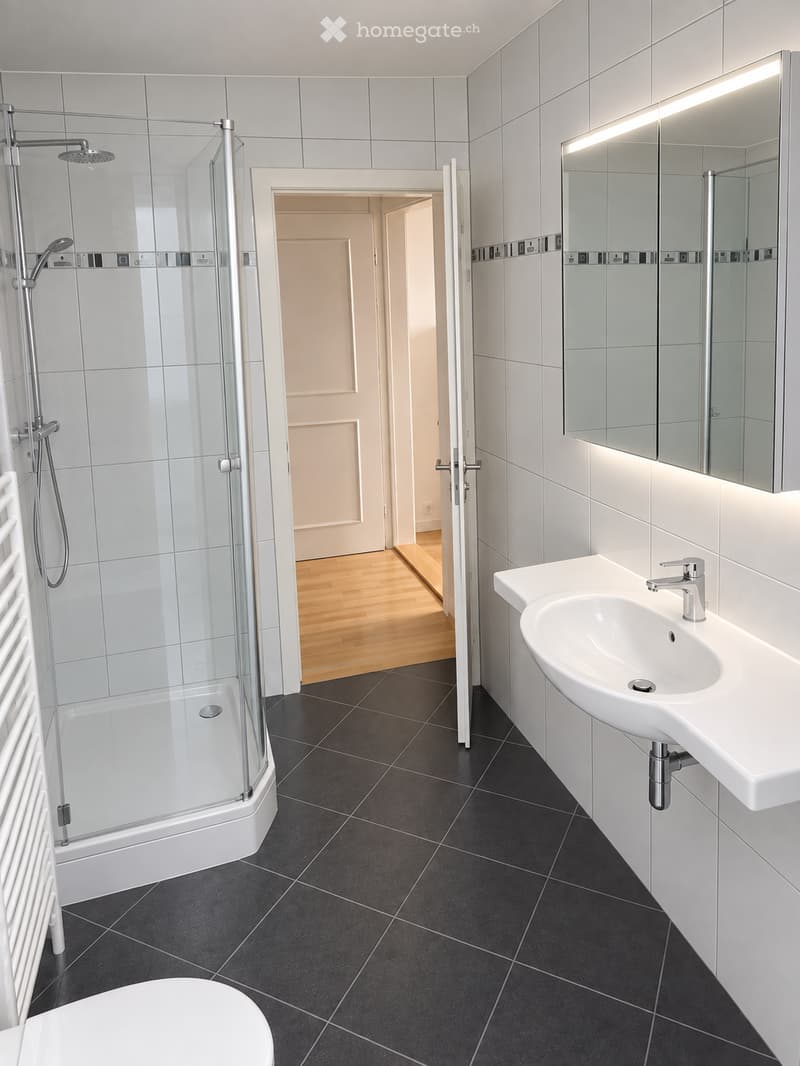 Modern bathroom with white tiles, black tiled floor, a glass-enclosed shower, a white toilet, a white sink with a modern faucet, and a large mirror with built-in lighting.