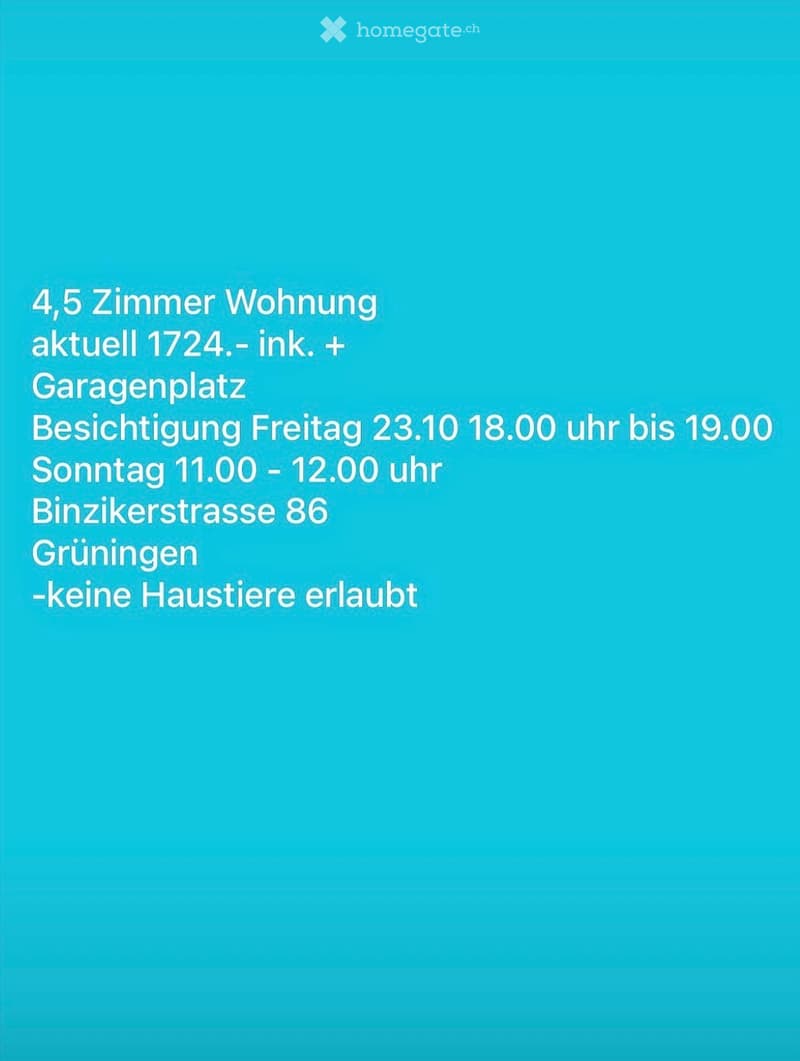 Advertisement for a 4.5-room apartment with a parking space, viewing times on Friday and Sunday, located at Binzikerstrasse 86, Grüningen, no pets allowed.