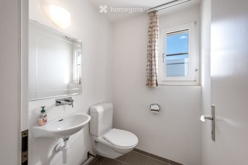 Modern bathroom with white walls, a large mirror, a sink, a toilet, and a window with a curtain. Includes a soap dispenser and a toilet paper holder.