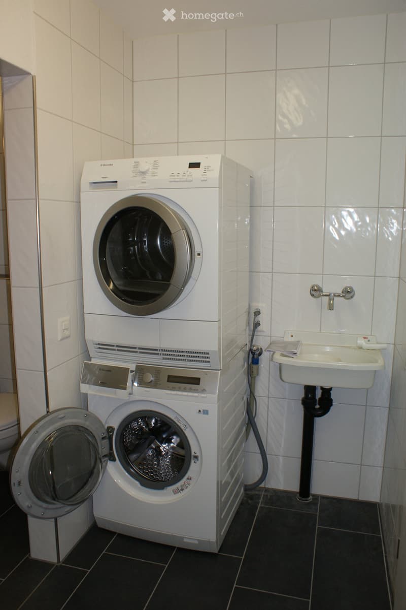 Bathroom with a stacked washing machine and dishwasher unit, a small sink, and tiled walls.