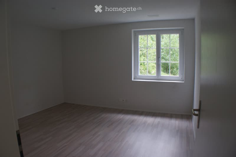 Empty room with light wooden flooring and white walls, featuring a large window with white frames allowing natural light to enter.