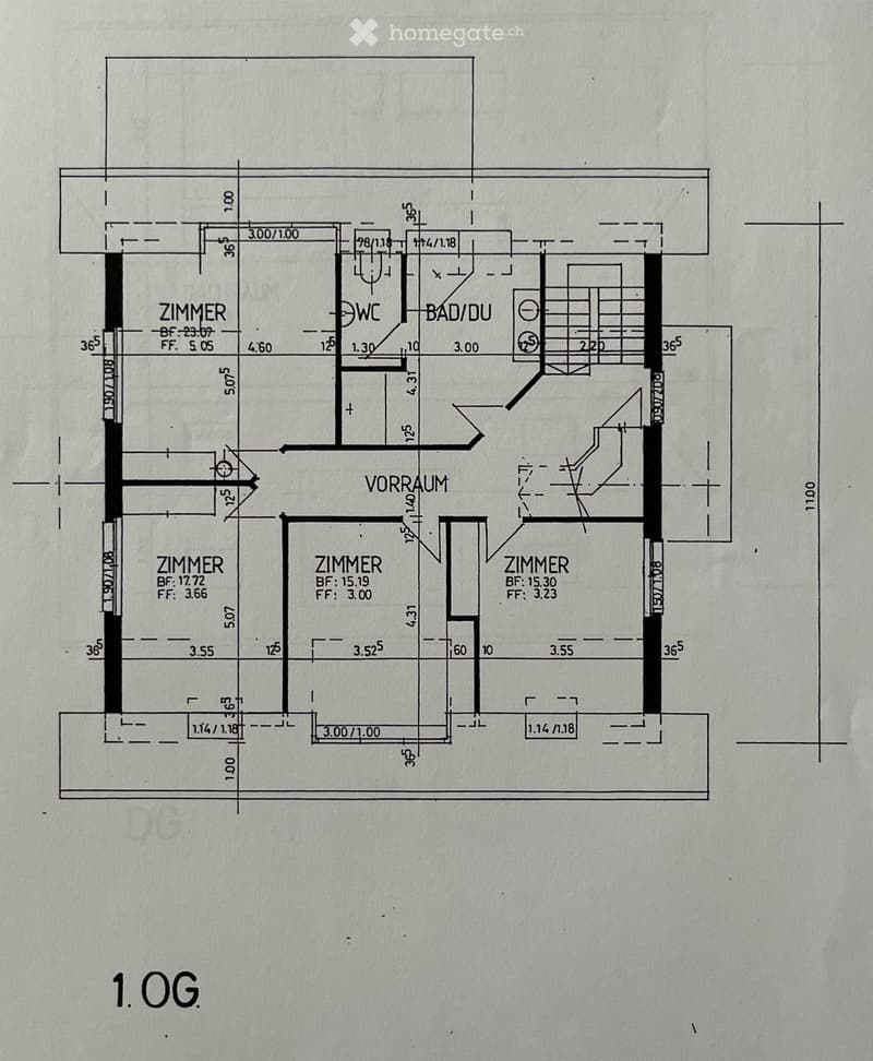 Floor plan of a first-floor layout showing four bedrooms, a bathroom, a hallway, and a storage area.