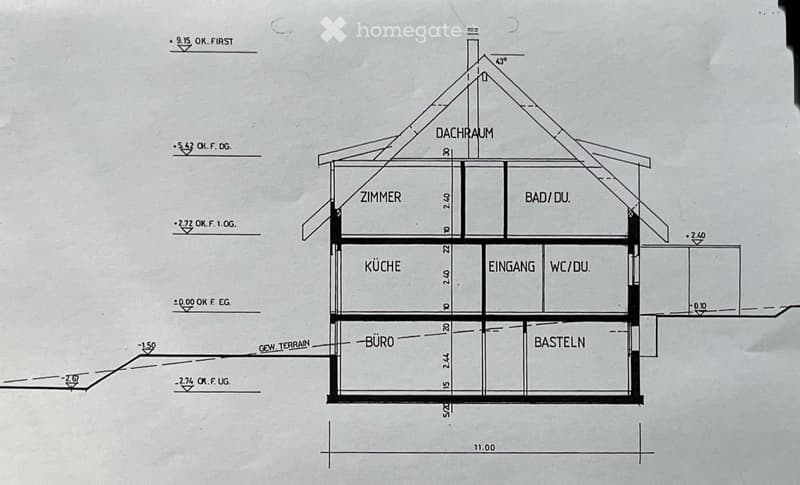 Floor plan showing a multi-level house layout with labeled rooms including Dachraum, Zimmer, Bad/DU, Küche, Eingang, WC/DU, Büro, Basteln, and Gew. Terrain.