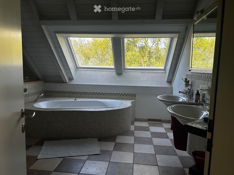 Modern bathroom with a large bathtub, double sink, and skylight windows providing natural light.