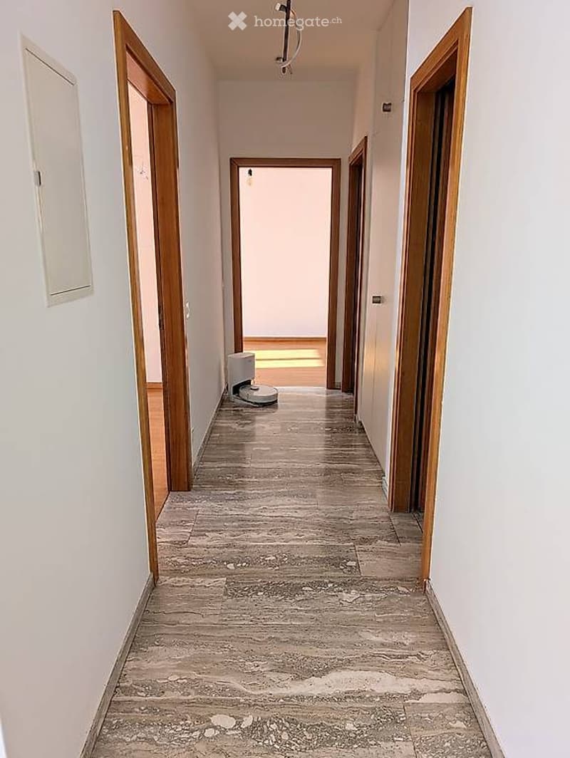 A clean, well-lit hallway with wooden doors on both sides, a polished tile floor, and a small vacuum cleaner placed near the end.