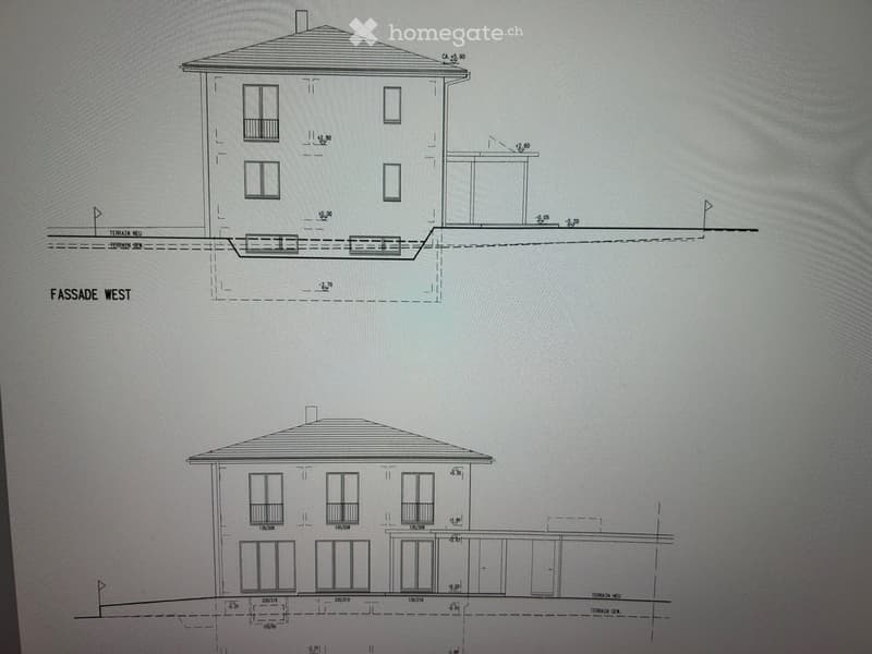 Architectural floor plan showing two elevations of a two-story house with multiple windows, balconies, and detailed measurements.