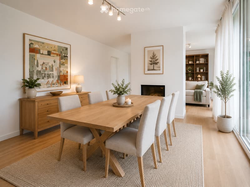 Modern dining area with a wooden dining table, six chairs, a sofa, fireplace, and decorative elements including lamps and artwork.