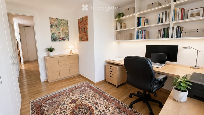 A modern, well-organized home office with a wooden desk, ergonomic chair, laptop, large screen, and a variety of office supplies. The room features built-in shelving with books and decorative items, a small potted plant, and a patterned rug on the floor.