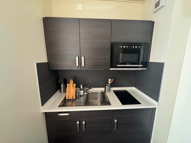 Modern kitchen with dark grey cabinets, stainless steel microwave, sink, and induction cooktop. Countertop features a dish rack, cutting board, and small bottles.