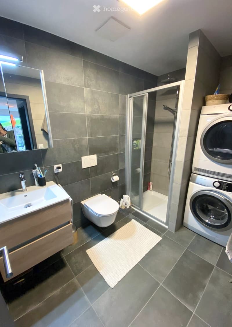 Modern bathroom with dark grey tiles, a white sink, toilet, shower, and stacked washer/dryer unit. Includes a mirror, bath mat, and toothbrush holder.