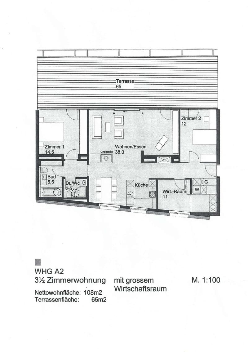 Floor plan of a 3.5-room apartment with a large utility room and terrace. Includes living/dining area, two bedrooms, bathroom, kitchen, and utility space.