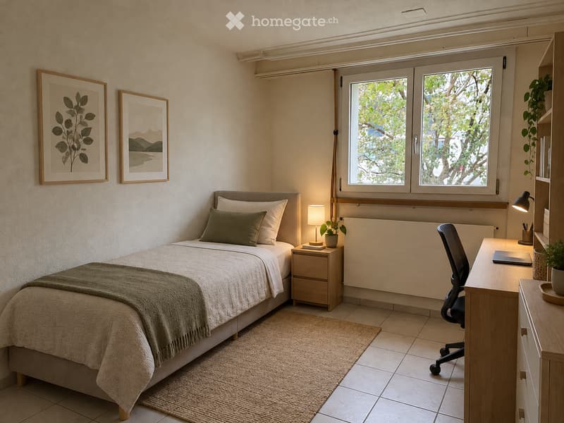 Cozy bedroom with a single bed, nightstand, desk, and chair. Features large windows with a view of greenery, framed artwork on the wall, and a small plant on the nightstand.
