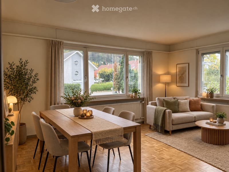 Bright living and dining area with large windows, a sofa, coffee table, dining table with chairs, and decorative plants.
