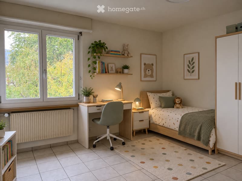 Cozy bedroom with a bed, desk, chair, and decorative items including plants, books, and framed pictures.