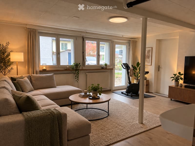 Modern living room with a large sectional sofa, coffee table, floor lamp, TV, exercise bike, and plants.