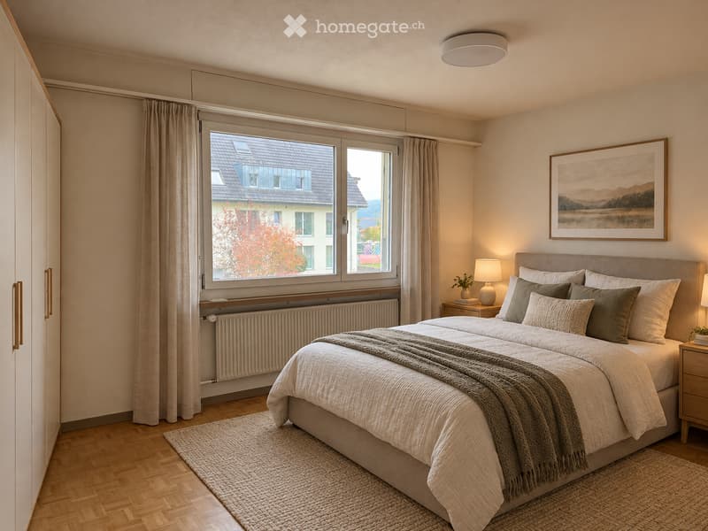 Modern bedroom with a large bed, nightstands, lamps, a framed picture on the wall, and a view of a neighboring building through large windows.