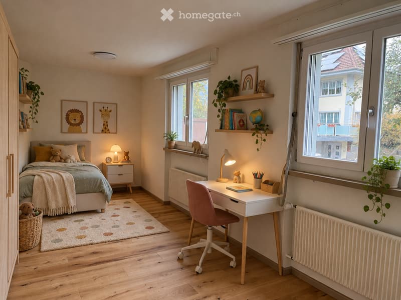 Cozy bedroom with a bed, desk, and nightstand. Features wooden flooring, large windows, and decorative elements like picture frames and plants.