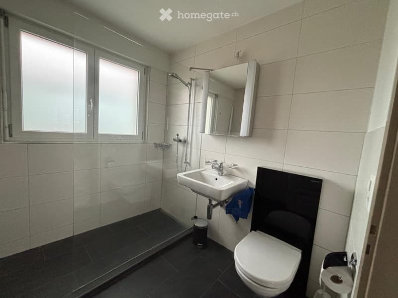 Modern bathroom with white tiles, a sink, toilet, mirror, and a glass-enclosed shower area. Features a window for natural light and a towel hanging on the side.