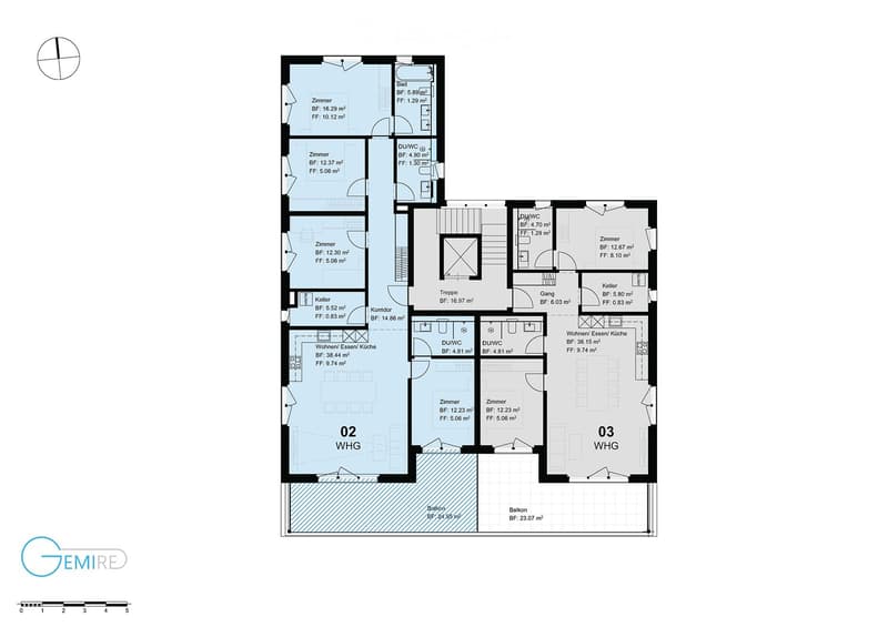 Floor plan showing two apartments (02 and 03 WHG) with multiple rooms including bedrooms, bathrooms, kitchen, living/dining area, hallway, staircase, and balconies.